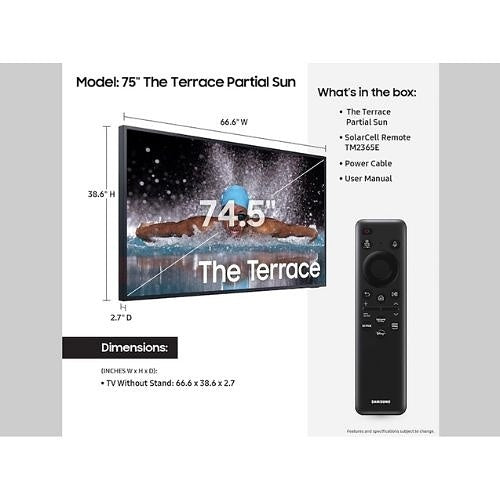 Samsung QN75LST7DAFXZA 75\\" Class The Terrace Series QLED 4K UHD Smart Tizen TV, Outdoor Partial Sun