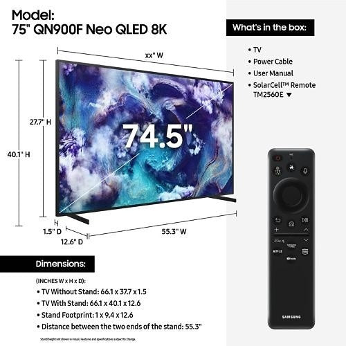 Samsung QN75QN900FFXZA 75\\" QN900F Series 8K Neo QLED Pro Smart TV, 7680 x 4320, 120 Hz, Wi-Fi, Bixby, RS-232C
