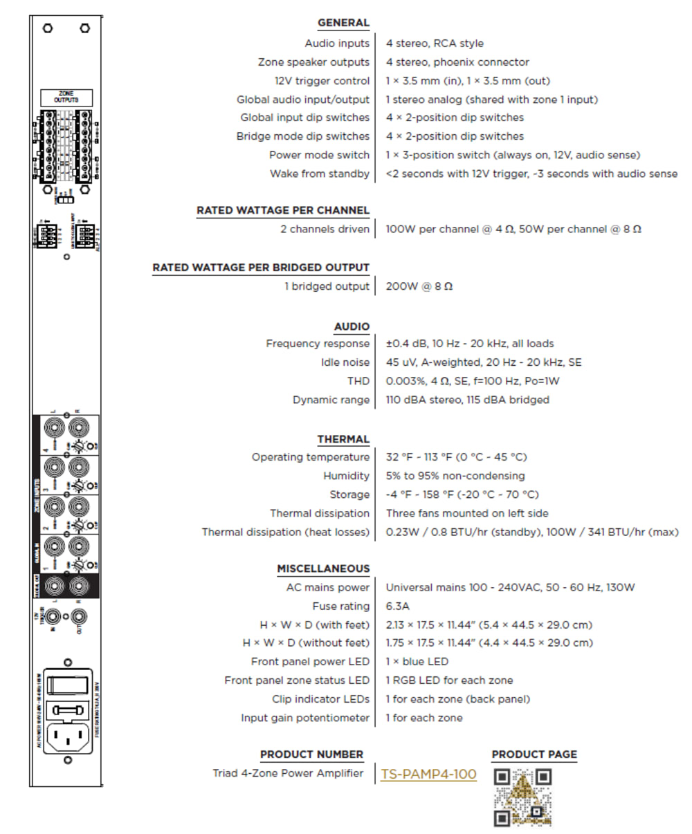 Triad 4-Zone/8-Channel Power Amplifier, 100 WPC @ 4 ohm - EOS 01.27.23
