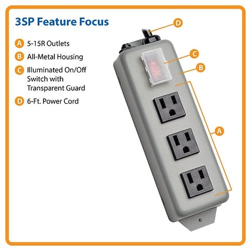 Eaton Tripp Lite 3SP Waber Industrial Power Strip, 3-Outlet, 6\' (1.83 m) Cord, 5-15P, Switch Guard