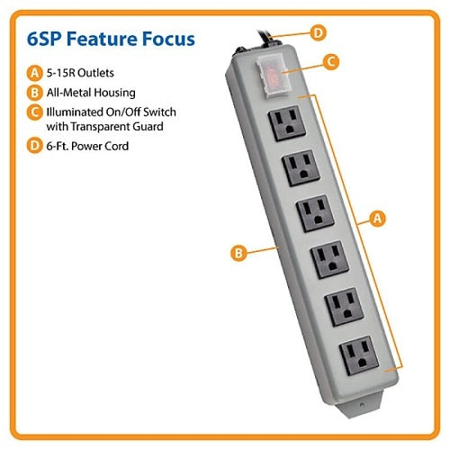 Eaton Tripp Lite 6SP aber Industrial Metal Contact Bar, Illuminated Power Switch, Outlets, 6\' Cord