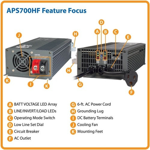 Eaton Tripp Lite APS700HF 700W Power Inverter APS 12V DC, 120 Inverter/Charger with Auto-Transfer Switching, Outlet