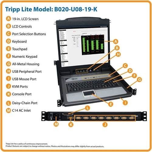 Eaton Tripp Lite B020-U08-19-K NetDirector 8-Port, 1U Rack-Mount Console, KVM Switch with 19\\" LCD and PS2/USB Combo Cables, (Replaces B020-008-17)
