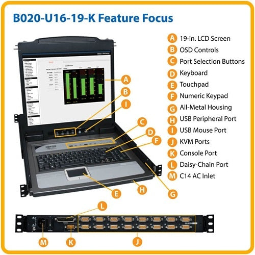 Eaton Tripp Lite B020-U16-19-K NetDirector 16-Port 1U Rack-Mount Console KVM Switch with 19\\" LCD + (8) PS2 / USB Combo Cables