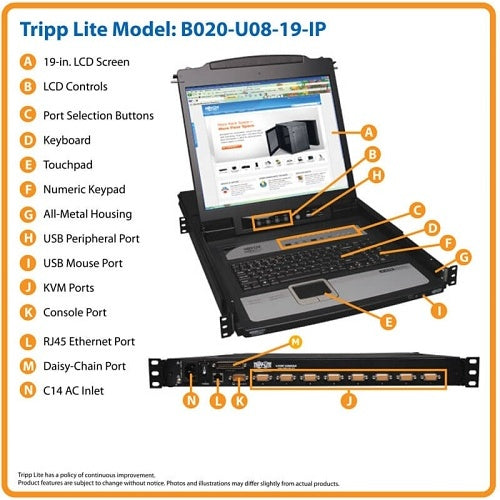Eaton Tripp Lite B020-U08-19-IP NetDirector 8-Port, 1U Rack-Mount Console, KVM Switch with 19\\" LCD and IP Remote Access