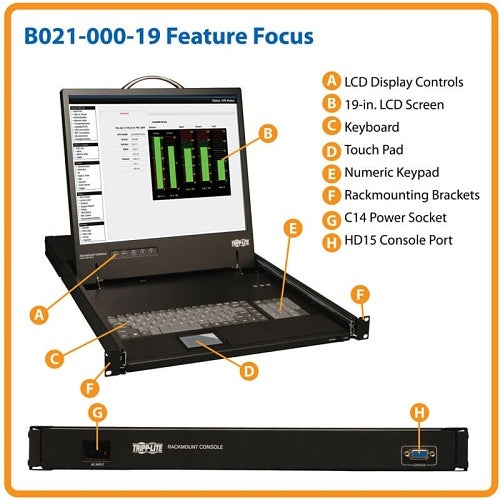 Eaton Tripp Lite B021-000-19 1U Rack-Mount Console with Rackmountable in 19\\" System Rack (1U), from 27\\" to 42\\" Deep, Connects to PS/2 or USB Server or KVM Switch, Supports Resolutions up to 1366 768