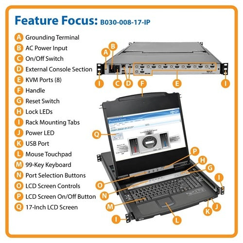 Eaton Tripp Lite B030-008-17-IP NetDirector 8-Port 1U Rack-Mount Console HDMI KVM Switch with 17\\" LCD and IP Remote Access, Dual Rail