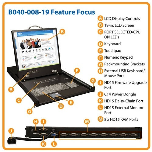 Eaton Tripp Lite B040-008-19 NetController 8-Port 1U Rack-Mount Console KVM Switch with 19\\" LCD