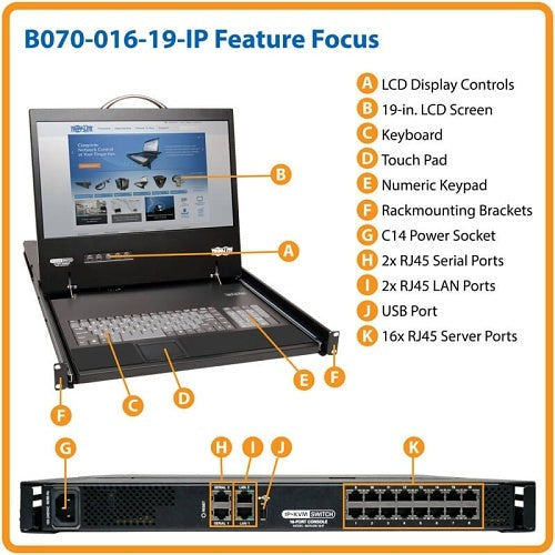 Eaton Tripp Lite B070-016-19-IP NetCommander 16-Port CAT5 KVM Over IP Switch, 19\\" LCD, Remote and Local User, 1U Rack-Mount