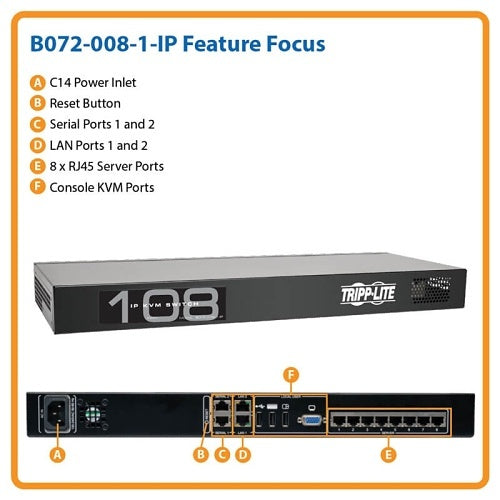 Eaton Tripp Lite B072-008-1-IP NetCommander 8-Port CAT5 KVM Over IP Switch, 1-Remote and 1-Local User, 1U Rack-Mount, TAA