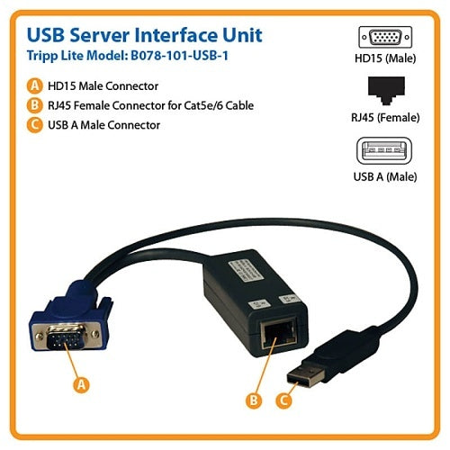 Eaton Tripp Lite B078-101-USB-1 Cable Assembly Ethernet, 1.30\' (0.396 m) 24AWG (HD15/USB) to RJ-45 M/M-F