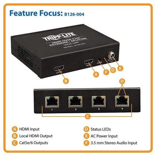 Eaton Tripp Lite B126-004 4-Port HDMI over CAT5/CAT6 Extender/Splitter, Box-Style Transmitter for Video and Audio, 1080P at 60 Hz, up to 200\', TAA