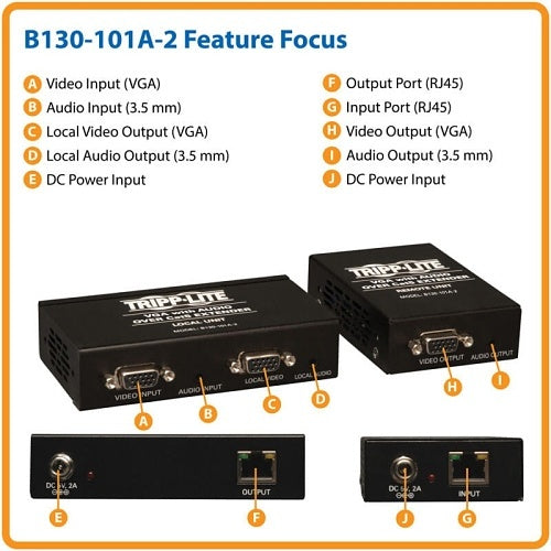 Eaton Tripp Lite B130-101A-2 VGA Over CAT5/6 Extender Kit, Box-Style Transmitter/Receiver for Video/Audio, up to 1000\' (305 m), TAA