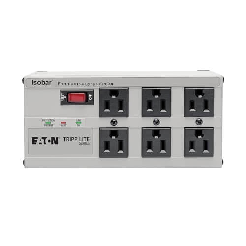 Eaton Tripp Lite ISOBAR6 Isobar 6-Outlet Surge Protector, 6\' Cord with Right-Angle Plug, 3300 J, Diagnostic LEDs, Metal Housing