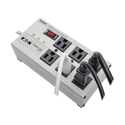 Eaton Tripp Lite ISOBAR6 Isobar 6-Outlet Surge Protector, 6\' Cord with Right-Angle Plug, 3300 J, Diagnostic LEDs, Metal Housing