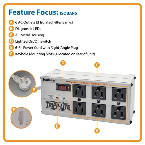 Eaton Tripp Lite ISOBAR6 Isobar 6-Outlet Surge Protector, 6\' Cord with Right-Angle Plug, 3300 J, Diagnostic LEDs, Metal Housing