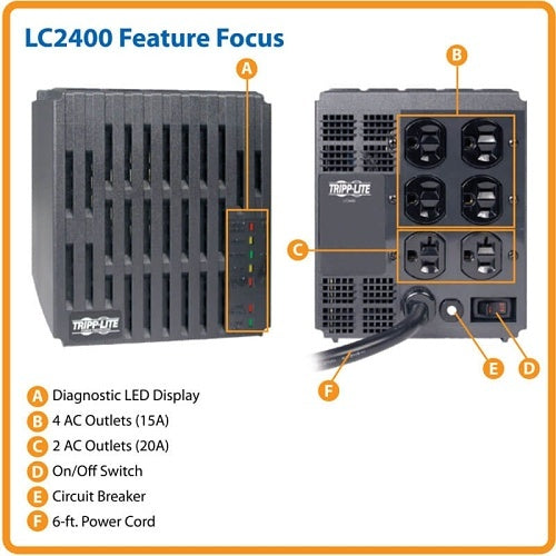 Eaton Tripp Lite LC2400 Power Conditioner with Automatic Voltage Regulation, AC Surge Protection, 6-Outlets, 2400W, 120V
