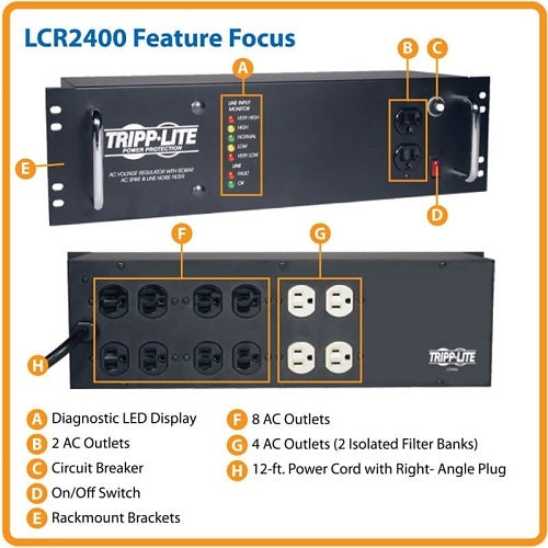 Tripp Lite LCR2400 2400W 120V 3U Rack-Mount Power Conditioner with Automatic Voltage Regulation (AVR), AC Surge Protection, 14 Outlets