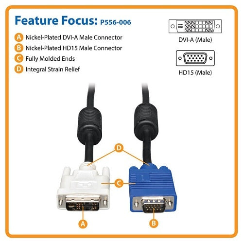 Eaton Tripp Lite P556-006 DVI to VGA High-Resolution Adapter Cable with RGB Coaxial (DVI-A to HD15 M/M), 6\' (1.8m)