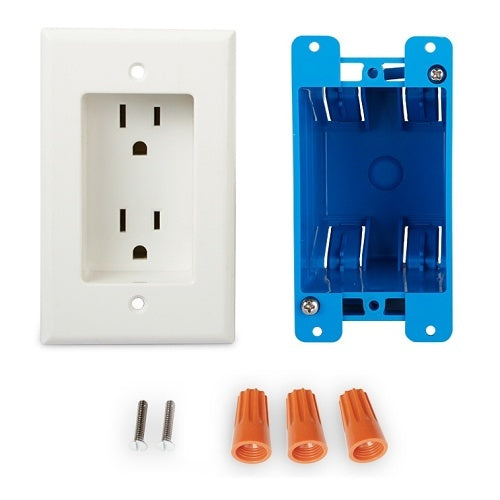WattBox WB-100-IW-2-WHT Recessed Duplex Electrical Outlet with Wall Plate and Single Gang Box