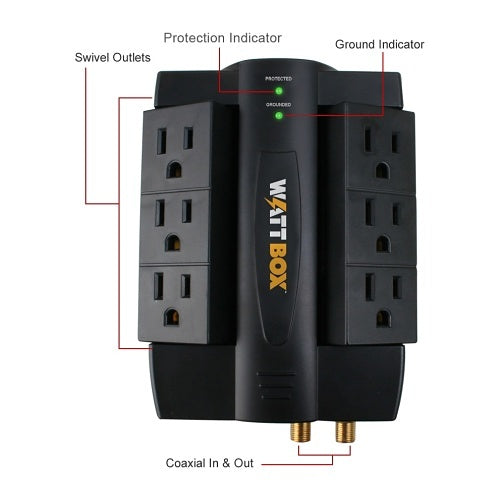 WattBox WB-200-6RWT 6-Rotating Outlet  Surge Protector Wall Tap with Coax Protection