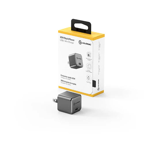 Alogic Wall Charger 1 Port 20W GaN PD USB-C Mini Compact Size Rapid Power - Grey