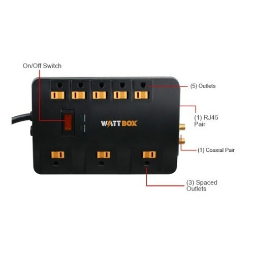 WattBox WB-200-8PS Surge Protector with Coax, Phone and Ethernet Protection, 8-Outlet, 4\' Cord