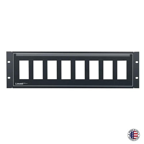 Lowell D8P-ID-3 Rack Panel for 8 Decorator Devices, Vertical Mount, 3U, Black
