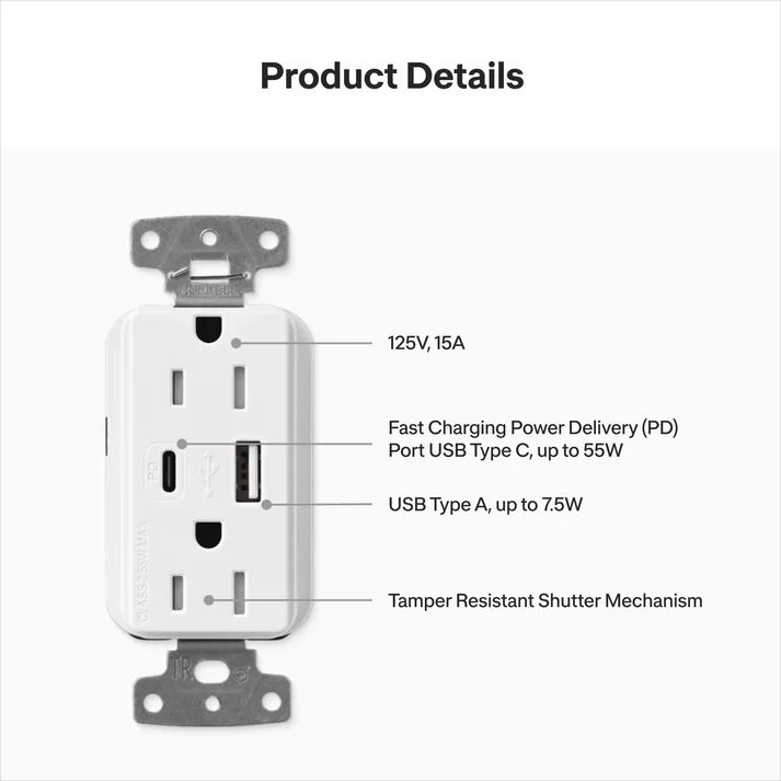 15A TAMPER RESISTANT RECEPTACLE W-USB-A & -C - GLOSS WHITE