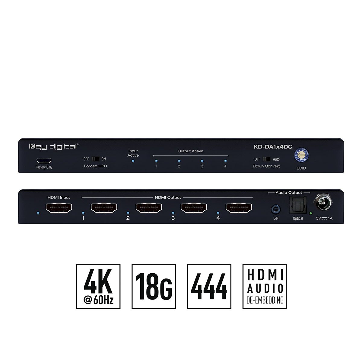 1x4 18Gbps HDMI Splitter with Audio Out and Downscaling