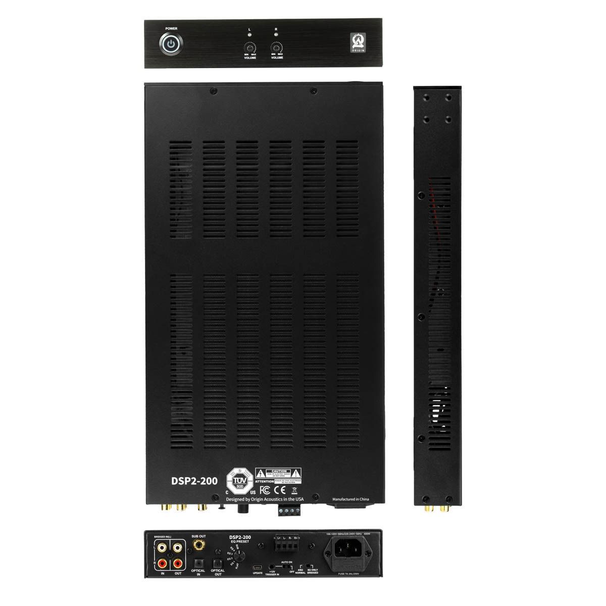 DSP Amplifier with 5 preset EQs, 200W 4-ohm/ch half-rack 1U