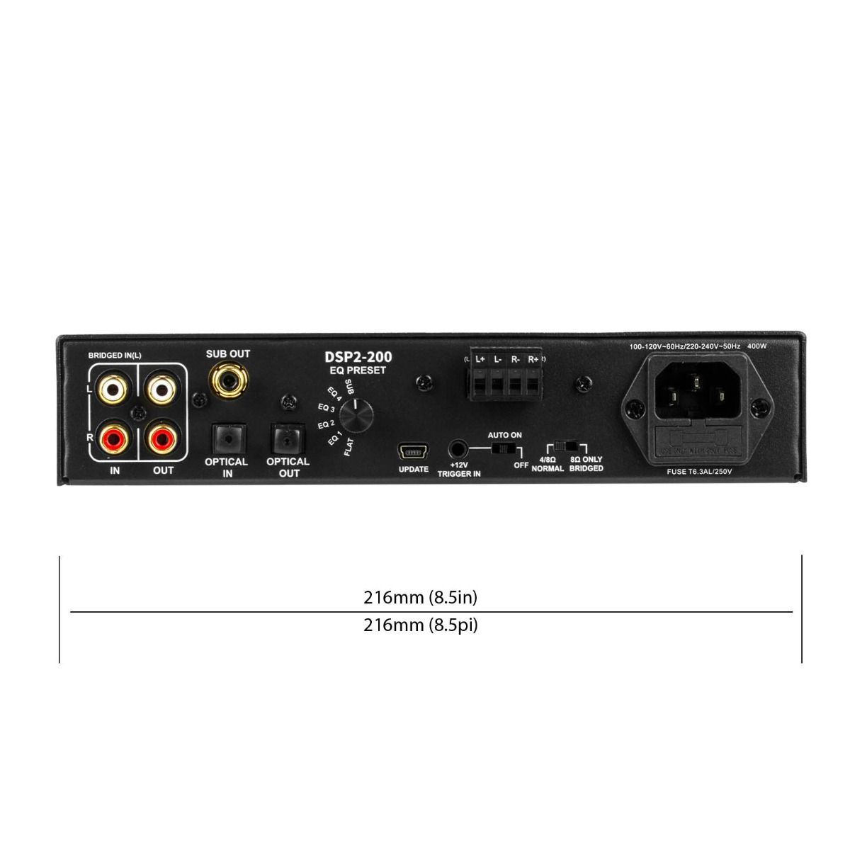 DSP Amplifier with 5 preset EQs, 200W 4-ohm/ch half-rack 1U