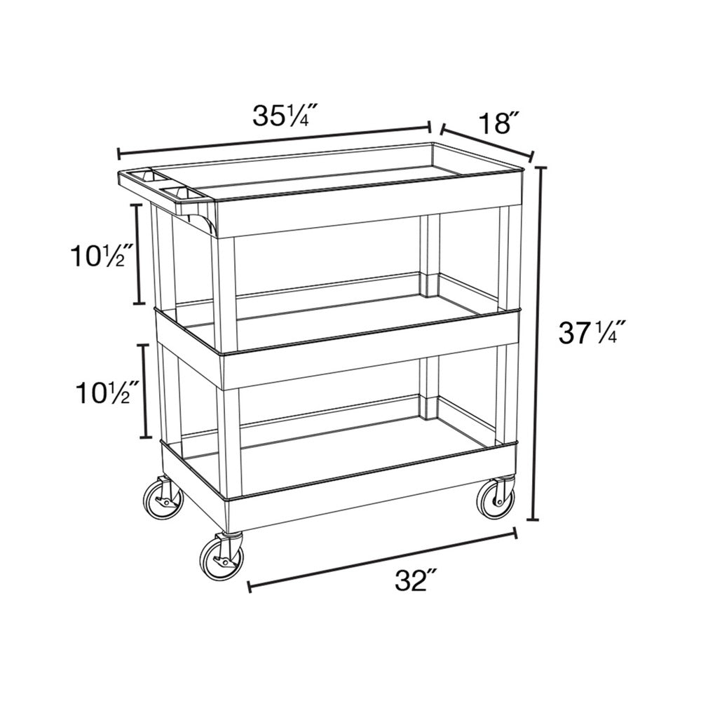Luxor AV Cart 32in Molded Plastic 3 Shelves Heavy Duty HDPE (high-density polyethylene) up to 300lbs Casters with Locking Ergonomic Push Handle - Black
