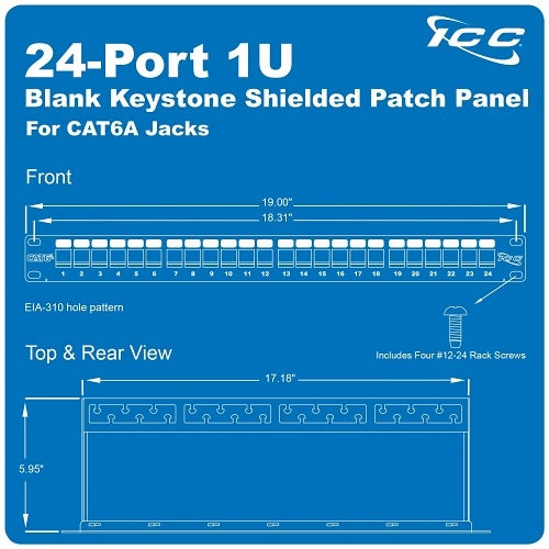 ICC IC107PPS6A 24-Port Blank Keystone Shielded 1U Patch Panel with 19\\" Rackmount Housing and Cable Support Bar, EMI Protection
