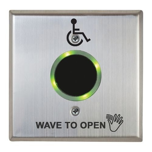Camden CM-332/42SW-SGLR Wired Touchless Switch with Built-In Door Control, 2-Relay, Hand Icon, \'Wave to Open\' Text, Wheelchair Symbol, Double Gang Stainless Steel Faceplate with LED Light Ring