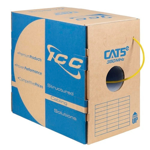 ICC ICCABR5EYL CAT5e CMR Riser 24AWG 100% Solid Pure Copper Unshielded Bulk Ethernet Cable, UTP, PoE++, 350 MHz, UL Certified, 1000\' Reelex Pull Box, Yellow