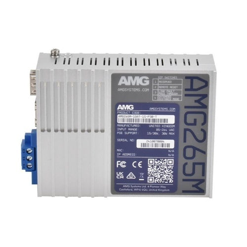 AMG Systems AMG265M-1FAT-1S-P30-T AMG265M Series Industrial Mini PoE Media Converter, 1 x 10/100Base-T(x) RJ45 Port, 1 x 100/1000Base-Fx SFP Port, Integrated 30W PSU