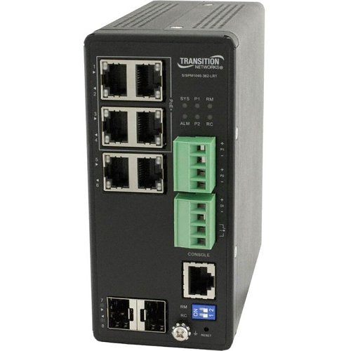 Lantronix SISPM1040-362-LRT Managed Hardened Gigabit Ethernet PoE+ Switch, 4-10/100/1000Base-T PoE+ Ports, 2-10/100/1000Base-T RJ-45 and 2-100/1000Base-X SFP Slots