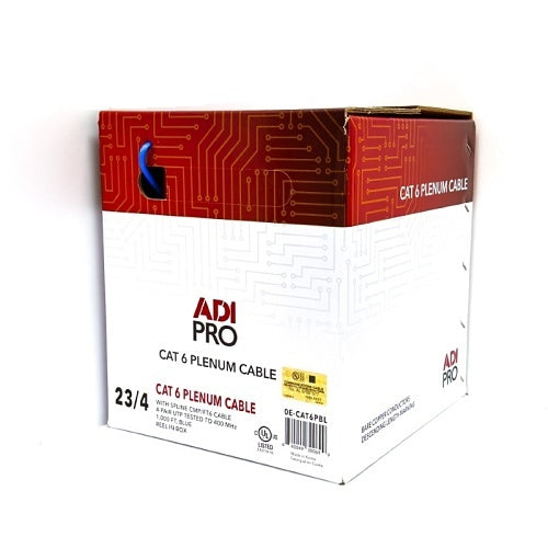 ADI PRO 0E-CAT6PBL CAT6 Plenum Cable, 23/4 Solid BC, Unshielded, UTP, CMP/FT6, 1000\' (304.8m) Reel in Box, Blue