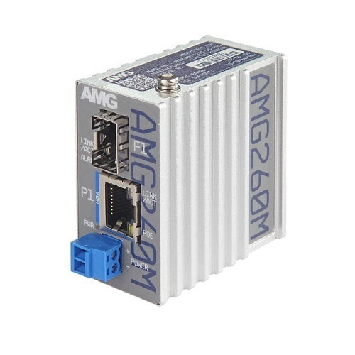 AMG Systems AMG260M-1GBT-1S-P90 AMG260M Series Industrial PoE Mini Media Converter, 1 x 10/100/1000Base-T(x) RJ45 Port, 1 x 100/1000Base-Fx SFP Port