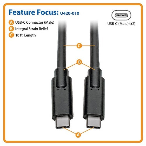 Tripp Lite U420-010 USB-C Cable, Male to Male, USB 3.2, Gen 1 (5 Gbps), Thunderbolt 3 Compatible, 10\' (3.05m)