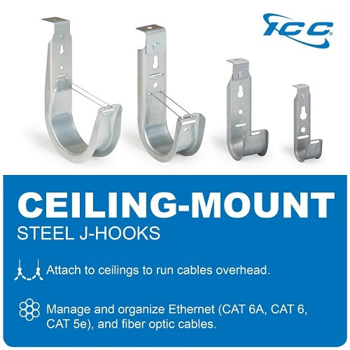 ICC ICCMSJH944 Ceiling Mount J Hook 2\\" with Retainer Clip, Galvanized Steel Cable Management Hooks for Hanging Cable, Rust-Resistant, EIA and TIA Compliant, 25-Pack