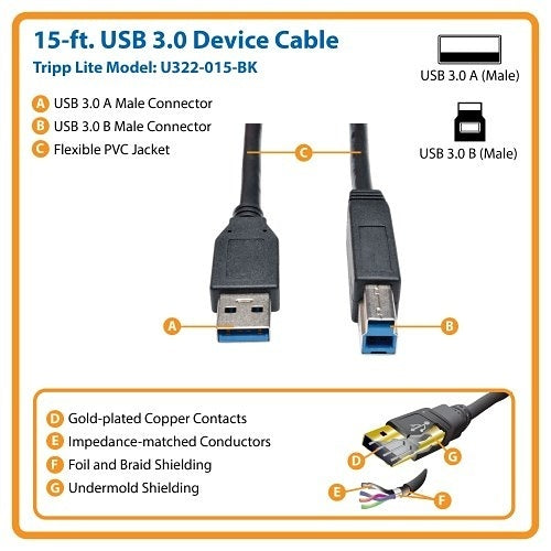 Tripp Lite U322-015-BK USB 3.2 Gen 1 SuperSpeed Device Cable (A to B M/M) Black, 15\' (4.57 m)