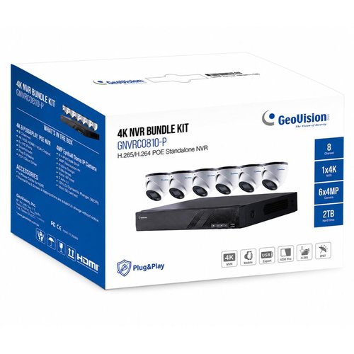 GeoVision 780-GNR08GEBF4802-2 8-Channel PoE NVR with 2TB Storage and (6) 4MP IP Dome Camera