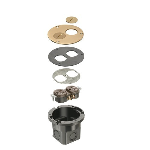 Arlington FLB3520MBGC Flush to Floor Round Cut In Floor Box Kit with Threaded Plug and Grounding Clip, Brass Metal Cover