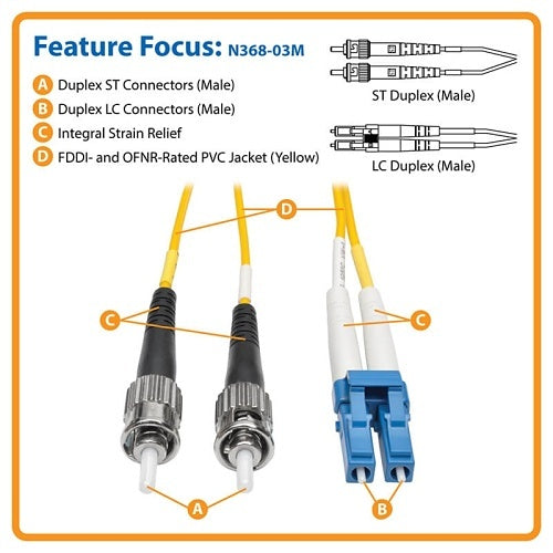 Tripp Lite N368-03M Duplex Singlemode 9/125 Fiber Patch Cable, LC/ST, 3m (10\')