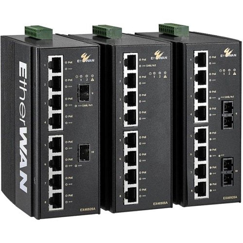 EtherWAN EX46928A-V-J EX46900A Series Hardened unmanaged 8-port 10/100/1000BASE (8 x PoE) with 2-port 1000BASE-X (SX/LX/SFP) Ethernet Switch Image of ET-EX46928AJ