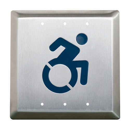 Camden CM-45/A2 4-1/2\\" Square Push Plate Switch, Concealed Screws, ACTIVE WHEELCHAIR Symbol, Blue