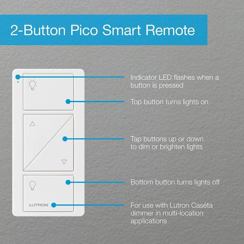 Lutron PJ2-2BRL-GWH-L01 2-Button with Raise / Lower, Pico Smart Remote, with Light Icons, White