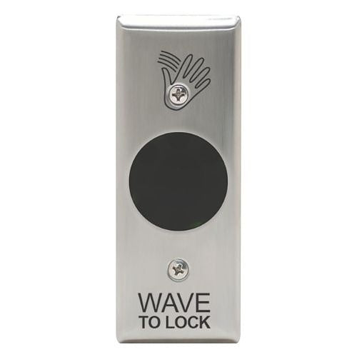 Camden CM-336/41SN Battery Powered Touchless Switch, Built-In 915 MHz Spread Spectrum Wireless Transmitter, Hand Icon and \'Wave to Open\' Text, Stainless Steel Narrow Faceplate